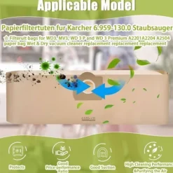 10 stk. støvsugerposer til Karcher 6.959-130.0 (WD 3, WD 3 P og WD 3 Premium) Papirfilterposer A 2201/2204/2504
