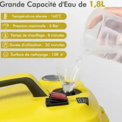Alsidigt Dampskaber 2000W COSTWAY til Sengelus-5,0 BAR-15 Tilbehør og Manometre-Reservoir 1,8L-Universalkurve Gul