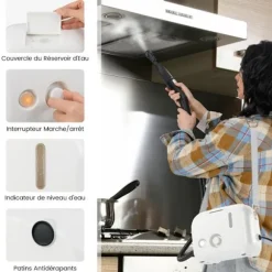 Dampvasker til Sengelus 1600W COSTWAY-180℃-3 Bar-1L Tank-Forvarming på 15s-Justerbar Intensitet-12 Tilbehør-Hvid