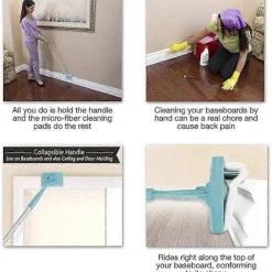 Fodpanelrenser med håndtag og 2 genanvendelige rengøringspuder fra No-Bending Mop. Fodpanelrenser med langt justerbart håndtag til fodpaneler (FMY)