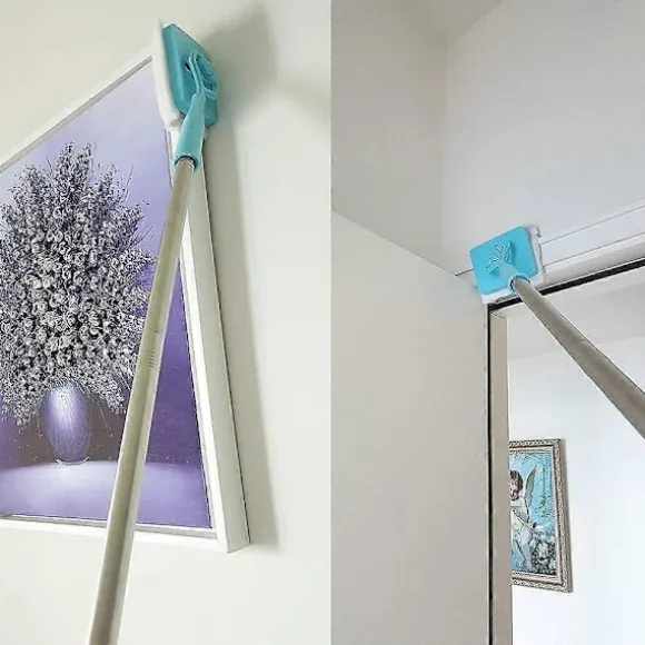 Fodpanelrenser med håndtag og 2 genanvendelige rengøringspuder fra No-Bending Mop. Fodpanelrenser med langt justerbart håndtag til fodpaneler (FMY)