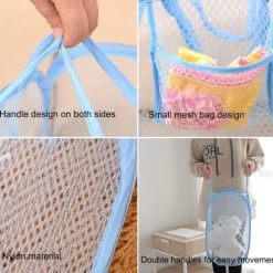 Foldbar Pop-Up Vasketøjskurv i Mesh med Sidelomme, Bærbar Opbevaringskurv til Tøj med Bærehåndtag til Kollegieværelse, Hjemmebrug, Mesh Åndbar