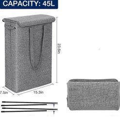 (Grå) 45 Liter Slimline Sammenklappelig Vasketøjskurv med Låg - Ekstra Stor Kapacitet Vasketøjskurv - 39x19x60cm - Smal Vasketøjskurv