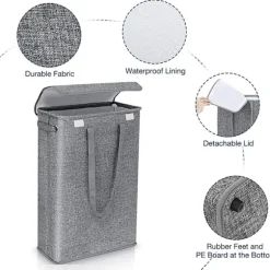 (Grå) 45 Liter Slimline Sammenklappelig Vasketøjskurv med Låg - Ekstra Stor Kapacitet Vasketøjskurv - 39x19x60cm - Smal Vasketøjskurv
