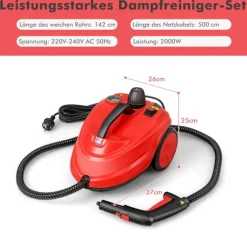 Højtryksdamprenser, 2000W, sæt med 15 dele, rød