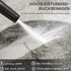 Højtryksrenser Med Ruller Inkl. 5 Stk. Tilbehør, 150 Bar Arbejdstryk, Med 6 M Højtryksslange, 1800 W, Max. Vandmængde: 510 L/H Blå