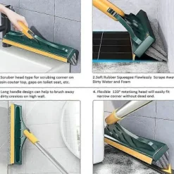 2-i-1 Gulvbørste med Langt Håndtag og 3 Stænger 101cm Fugebørste med Skraber og Hård Børsteskraber med 120 Squeegee Roterende Flisebørste