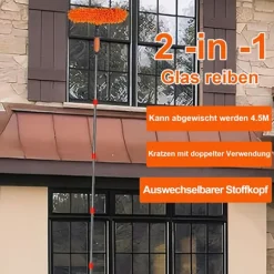 2-i-1 vinduesskraber med teleskophåndtag 4,5 m - Vinduespudsning til høje vinduer, bil, bruser, indendørs og udendørs orange