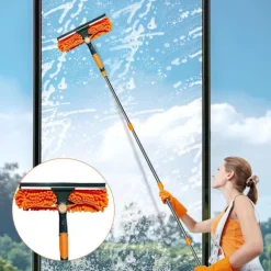 2-i-1 vinduesskraber med teleskophåndtag 4,5 m - Vinduespudsning til høje vinduer, bil, bruser, indendørs og udendørs orange
