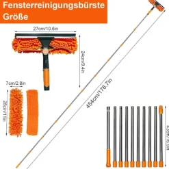 2-i-1 vinduesskraber med teleskophåndtag 4,5 m - Vinduespudsning til høje vinduer, bil, bruser, indendørs og udendørs orange