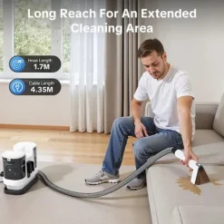 Kraftfuld Tæppe- & Tekstilrenser LBLUE V8 med Varmt Vand 60°C, 1,75L Dobbelttank, 5 m Ledning – Sofa, Bil & Kæledyrspletter Black