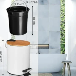 3l Badeværelses Skraldespand | Skraldespand Med Pedal Og Blød Lukning | Elegant Design Kosmetik Skraldespand Med Bambuslåg | Sort
