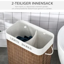 100L Vasketøjskurv Vasketøjsboks Med 3 Håndtag Og Vaskbar Vaskepose Aftagelig Bambus Bomuld Metal Brun + Hvid 52X32X63Cm