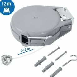 12m udtrækkelig tørresnor – 35 lb bæreevne – Nem vægmontering – Til balkoner, terrasser og camping – Længde: 18cm / Bredde: 16cm / Højde: 5cm