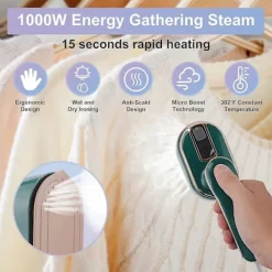 Mini dampstrygejern, 1090W foldbart håndholdt rejsedampstrygejern, keramisk non-stick strygesål, 15 sekunders hurtig opvarmning Green