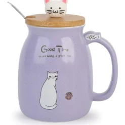 Morgenmadskrus Gave til Venner Kat Kaffekrus Kanin Tekop med Låg Ske Purple