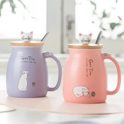 Morgenmadskrus Gave til Venner Kat Kaffekrus Kanin Tekop med Låg Ske Purple