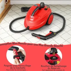 Multifunktionel Damprenser 2000W COSTWAY til Sengebiller - 5 BAR - 15 Tilbehør og Manometre - Beholder 1,8L - 160°C - 4 Hjul - Rød Gul