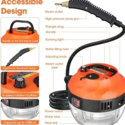 (Orange) Bærbar damprenser, Brillsten, 2500 W, 1350 ml, 3 børstehoveder, højt tryk Orange