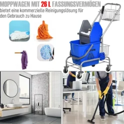 Rengøringsvogn husholdningsvogn professionel bagepressespand 26 L + opbevaringskurv blå 73L x 45W x 95H cm Aosom
