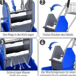Rengøringsvogn husholdningsvogn professionel bagepressespand 26 L + opbevaringskurv blå 73L x 45W x 95H cm Aosom