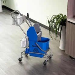 Rengøringsvogn husholdningsvogn professionel bagepressespand 26 L + opbevaringskurv blå 73L x 45W x 95H cm Aosom