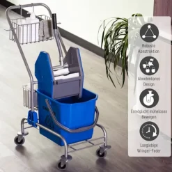 Rengøringsvogn husholdningsvogn professionel bagepressespand 26 L + opbevaringskurv blå 73L x 45W x 95H cm Aosom