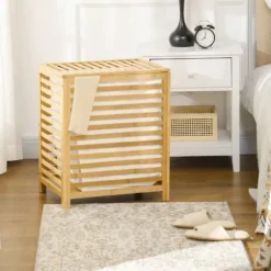 Rootz Bamboo Vasketøjskurv - Aftagelig Vasketøjspose - Vaskemaskine - Vandtæt - Ikke-vævet stof - Naturlig + Beige - 50L x 36W x 60H cm