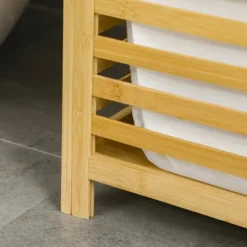 Rootz Bamboo Vasketøjskurv - Aftagelig Vasketøjspose - Vaskemaskine - Vandtæt - Ikke-vævet stof - Naturlig + Beige - 50L x 36W x 60H cm