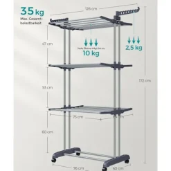 Rootz Grey Tørrestativ - Stål & Plast - Pladsbesparende design - Foldbart stativ - Stor tørrekapacitet - 64cm x 126cm x 172cm