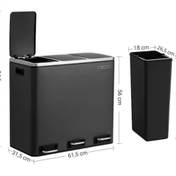 Rootz 54L skraldespand - Pedalspand - Genbrug - 3 rum - Soft-Close - Indvendige spande - Bærehåndtag - 61,5 x 31,5 x 56 cm - Sort
