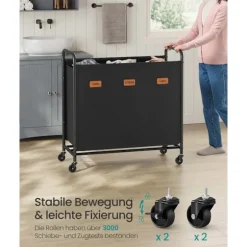 ROOTZ 170L Vaskeri Kurv - Rolling Hamper - Tøjsortering - 3 rum - Blæk sort - 69 cm x 40 cm x 91 cm