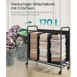 ROOTZ 170L Vaskeri Kurv - Rolling Hamper - Tøjsortering - 3 rum - Blæk sort - 69 cm x 40 cm x 91 cm