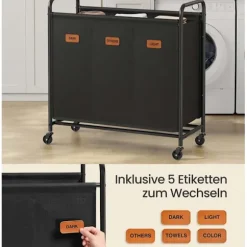 ROOTZ 170L Vaskeri Kurv - Rolling Hamper - Tøjsortering - 3 rum - Blæk sort - 69 cm x 40 cm x 91 cm