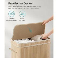 Rootz Natural Bamboo Vasketøjskurv med Låg - Hæmmer - Tøjopbevaring - Miljøvenlig - Letvægts - Holdbar - 54,5 cm x 34,5 cm x 61 cm