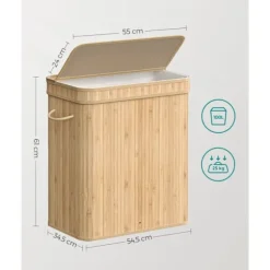 Rootz Natural Bamboo Vasketøjskurv med Låg - Hæmmer - Tøjopbevaring - Miljøvenlig - Letvægts - Holdbar - 54,5 cm x 34,5 cm x 61 cm