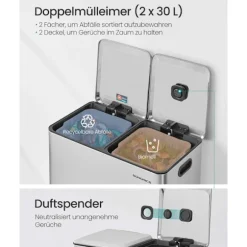 Rootz skraldespand dobbelt rum - Soft Close-spand - Pedalbetjent - Rustfrit stål - 58,5 x 37 x 64 cm