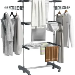 Rootz Tørrestativ - Tøjlufter - Tørretumbler - 4 niveauer - Sammenfoldelig - Et-klik-system - Rustfrit stål - Blå - Sølv - 142cm X 55cm X 152cm
