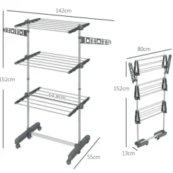 Rootz Tørrestativ - Tøjlufter - Tørretumbler - 4 niveauer - Sammenfoldelig - Et-klik-system - Rustfrit stål - Blå - Sølv - 142cm X 55cm X 152cm