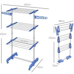 Rootz Tørrestativ - Tøjlufter - 5 niveauer - Sammenfoldelig - Et-klik-system - Rustfrit stål - ABS - Blå - Sølv - 142 Cm X 55 Cm X1 72 Cm