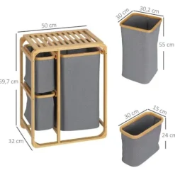Rootz vasketøjskurv - Bambus vasketøjskurv - 3 aftagelige kurve - Naturgrå - 50 cm x 32 cm x 69,7 cm