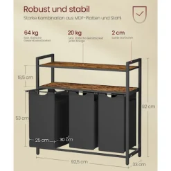 Rootz vasketøjskurv 3 rum med 2 hylder - Vintage opbevaringsenhed - MDF stål - Oxford klud - 92,5 cm x 33 cm x 92 cm