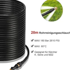 Rørrensningsslange, 20 M, 180 Bar, Højtryksslange Med Adapter, Rørrensningssæt Til Krcher Højtryksrenser