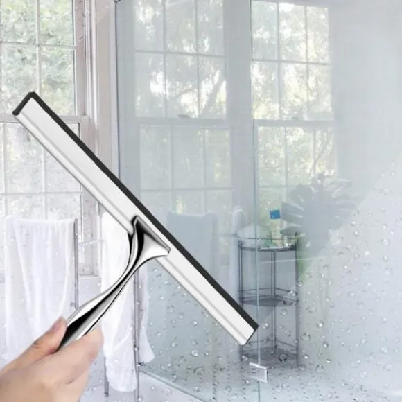 Rustfrit stål bred-håndtags glasvisker med klæbekrog til spejle, bruseglas og bilvinduer – sølv, 25.5cm