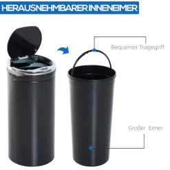 Sensor skraldespand 42L, elektrisk automatisk skraldespand med låg, rustfri, til badeværelse, kontor, køkken, spisestue, stål, sort