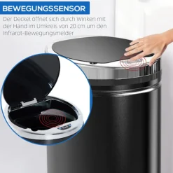 Sensor skraldespand 42L, elektrisk automatisk skraldespand med låg, rustfri, til badeværelse, kontor, køkken, spisestue, stål, sort
