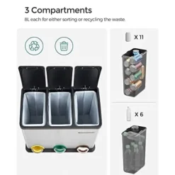 SONGMICS affaldssortering, 3-i-1 pedalspand, 24-liters metalaffaldsspand, stål, sølv