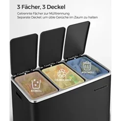 SONGMICS affaldsspand, 3 x 18 L trippelkøkken, 3-fags pedalbeholder, sort