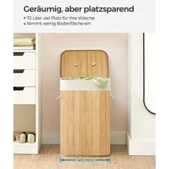 Songmics bambus vasketøjskurv, 72L sammenklappelig vasketøjskurv, rektangulær 40 x 30 x 60 cm, natur