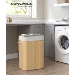 Songmics bambus vasketøjskurv, 72L sammenklappelig vasketøjskurv, rektangulær 40 x 30 x 60 cm, natur